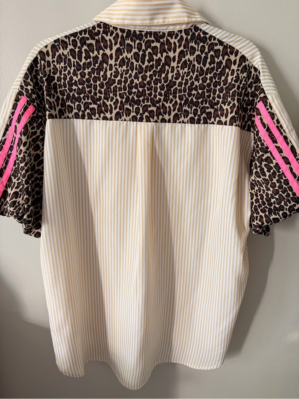 BiBi Cream and Tan Striped Collared Shirt with leopard and hot pink stripes